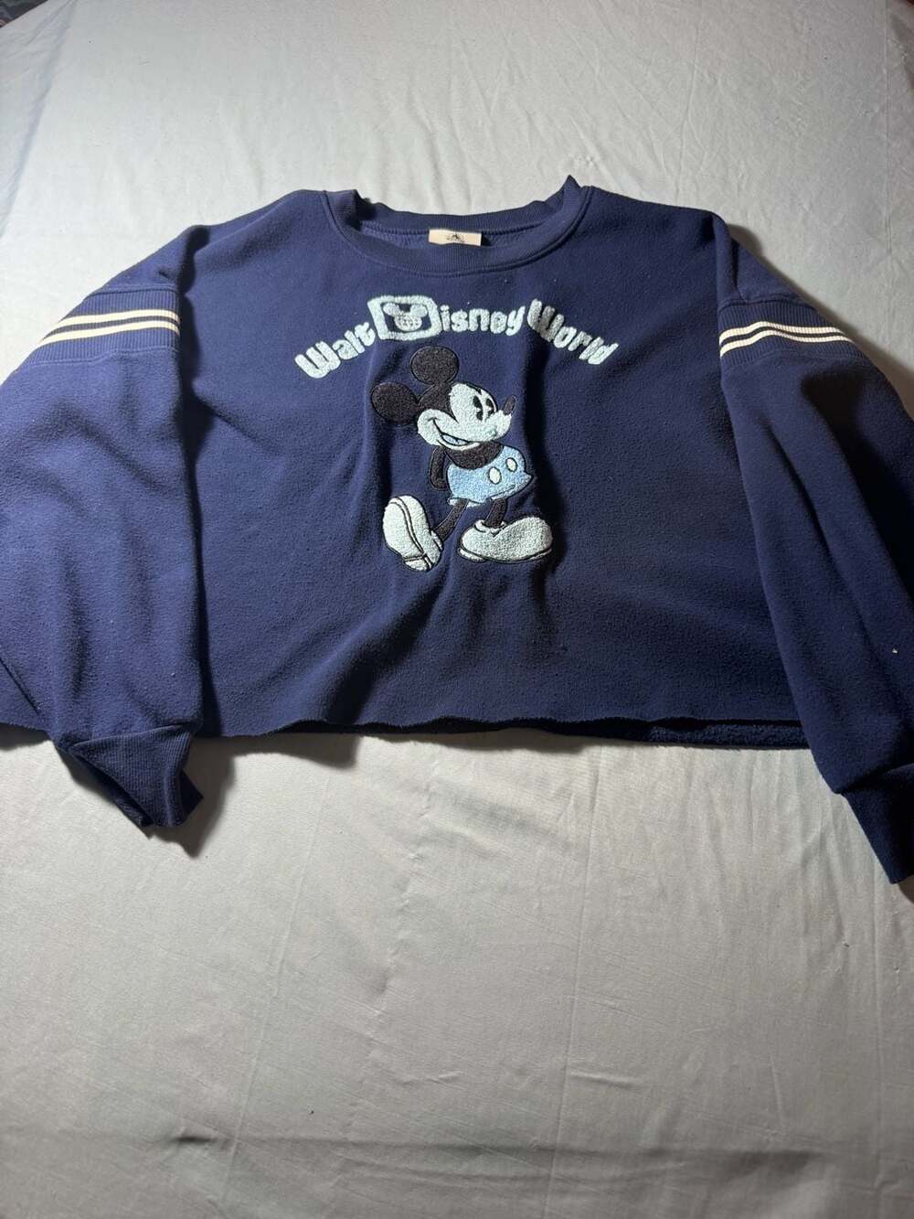 Disney Walt Disney World Mickey Mouse Blue Cropped Crewneck Sweatshirt Medium